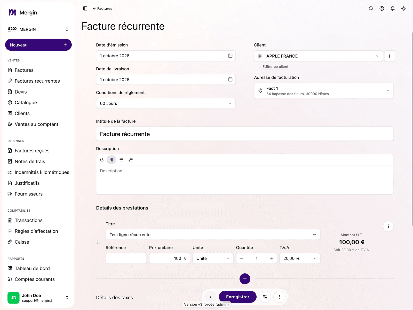 Saisie d'une facture récurrente