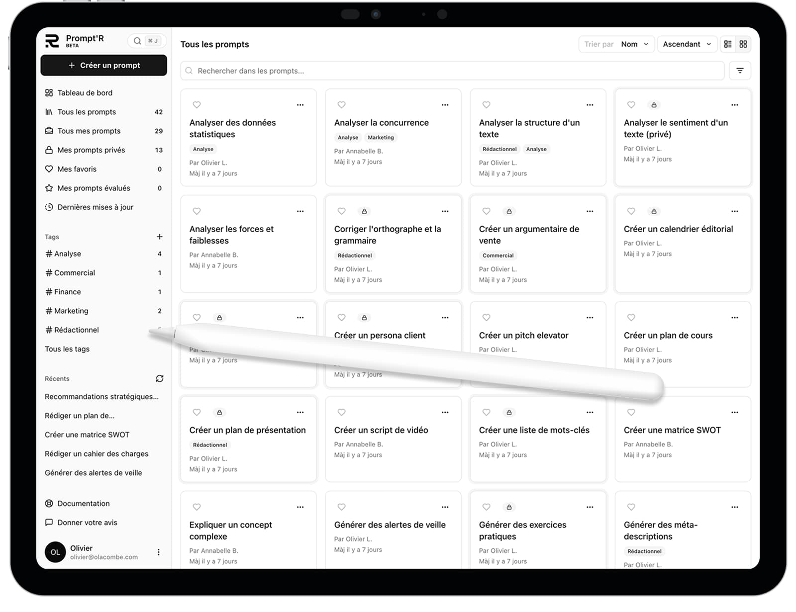 La bibliothèque de prompts de Prompt'R sur une tablette